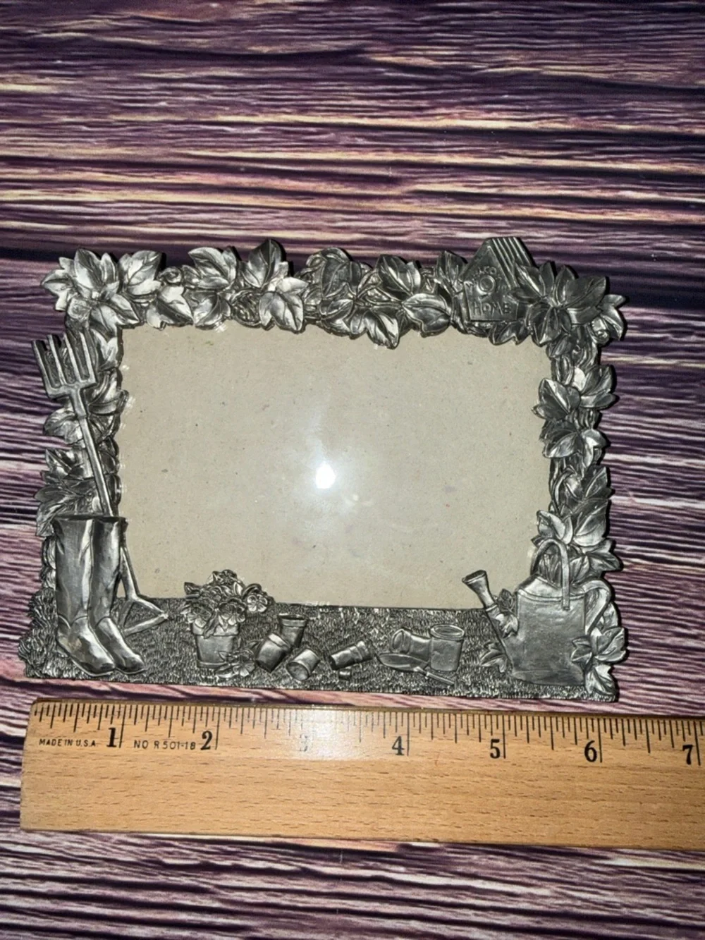 Perfect Art Nouveau Pewter Garden Theme Silver Photo Frame. Watering Can Flowers